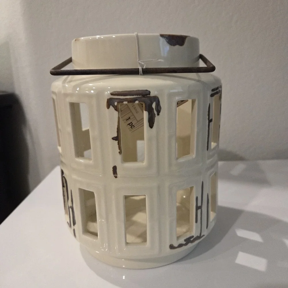 2 Ashland Spring Candle Collection White Ceramic Lanterns Rustic Farmhouse Set